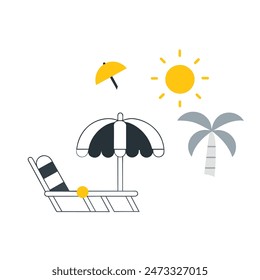 A beach scene with a chair, umbrella, and boat. Scene is relaxed and leisurely