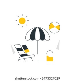 A beach scene with a chair, umbrella, and boat. Scene is relaxed and leisurely