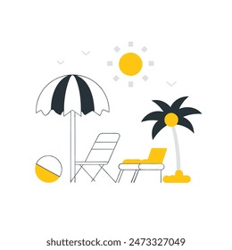 A beach scene with a chair, umbrella, and boat. Scene is relaxed and leisurely