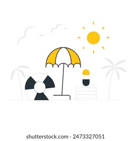 A beach scene with a chair, umbrella, and boat. Scene is relaxed and leisurely