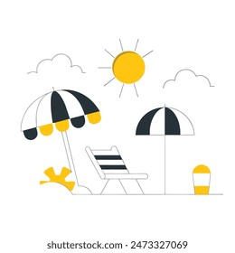 A beach scene with a chair, umbrella, and boat. Scene is relaxed and leisurely