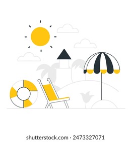 A beach scene with a chair, umbrella, and boat. Scene is relaxed and leisurely
