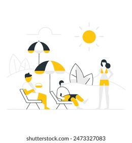 A beach scene with a chair, umbrella, and boat. Scene is relaxed and leisurely