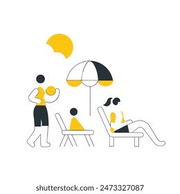 A beach scene with a chair, umbrella, and boat. Scene is relaxed and leisurely