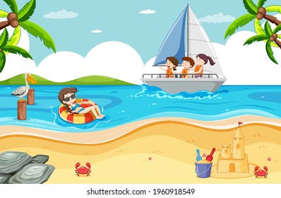 Beach scene with children on a sailboat illustration