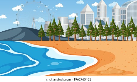 Beach scene with cityscape background illustration