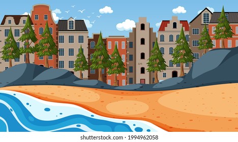 Escena de playa con ilustración de fondo de paisaje urbano