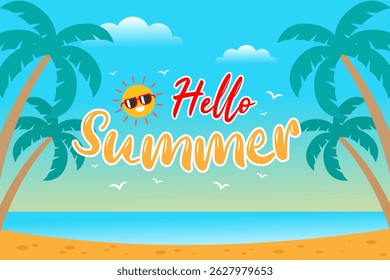 Beach scene with coconut trees, ocean, and hello summer. Ideas for summer themed designs, holiday postcards, travel brochures, presentations, and social media posts.
