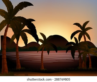 Beach scene with coconut trees on the ground