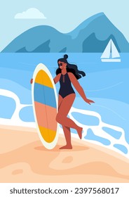 Beach scene concept. Woman in black swimsuit with surfboard at coastline. Holiday and vacation in tropical and exotic countries. Surfer at sea or ocean. Cartoon flat vector illustration