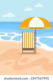 Beach scene concept. Yellow chair and umbrella at coastline. Holiday and vacation in tropical and exotic countries. Graphic element for website. Cartoon flat vector illustration