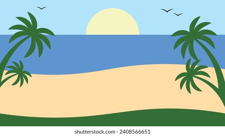 Al atardecer, la playa recubre un fondo con palmeras.