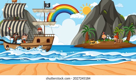 Beach scene at daytime with Pirate kids on the ship illustration