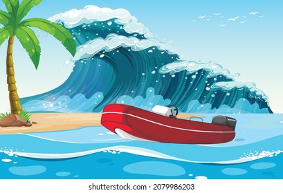 Beach Scene With Dinghy Boat On Sea Wave Illustration