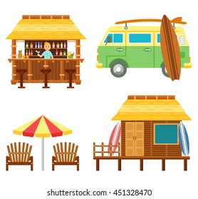 Beach scene elements with bar, surf van, umbrella, chair and  bungalow hotel isolated on white. Flat summer vector set. 