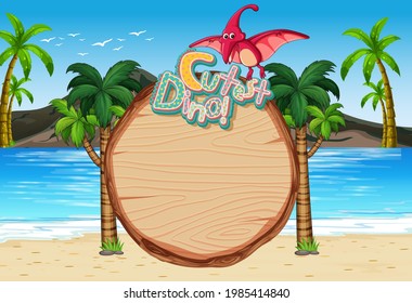 Beach scene with empty board template and cute dinosaur cartoon character illustration