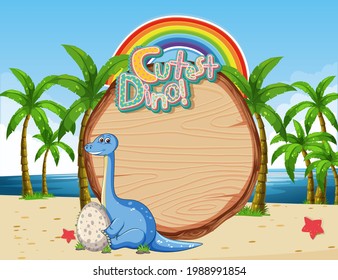 Beach scene with empty board template and cute dinosaur cartoon character illustration