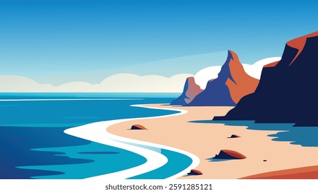 Beach scene featuring gentle waves lapping against rocky formations in the water under a clear sky nature flat vector illustration