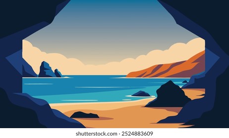 Cena de praia emoldurada por rochas e água, destacando a harmonia entre terra e mar plana vetor ilustração