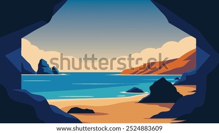 Beach scene framed by rocks and water, highlighting the harmony between land and sea flat vector illustration