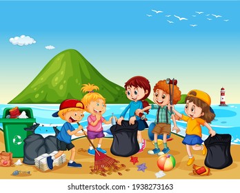 Beach scene with a group of children cleaning beach illustration