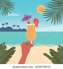 Beach scene. Hand holding tropical cocktails. Vector flat illustration Vector flat illustration