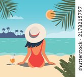 Beach scene. Happy girl with cocktail glass sitting on the sand and looking at the sea. Vector flat illustration Vector flat illustration