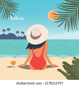Beach scene. Happy girl with cocktail glass sitting on the sand and looking at the sea. Vector flat illustration Vector flat illustration