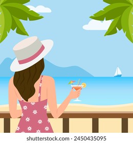 Beach scene. Happy girl with cocktail glass looking at the sea.
Tropical beach landscape. Summer vacation. Vector flat illustration 