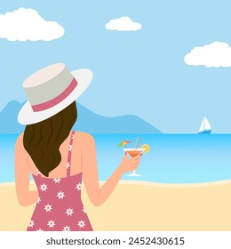 Beach scene. Happy girl with cocktail glass looking at the sea.
Tropical beach landscape. Summer vacation. Vector flat illustration 