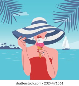 Beach scene. Happy girl with ice cream in wafer style cone. Vector flat cartoon illustration