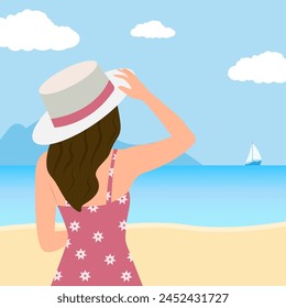 Beach scene. Happy girl  looking at the sea.
Tropical beach landscape. Summer vacation. Vector flat illustration 