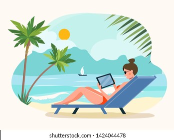 Beach scene. Happy girl sitting on the sunbed with tablet. Vector flat illustration