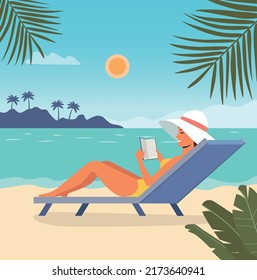 Escena de playa. Muchacha feliz sentada en la cama de sol con un libro. Ilustración plana vectorial Ilustración plana