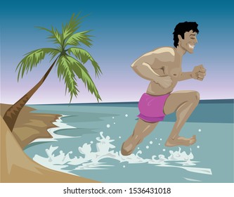 Beach scene. Happy guy running into the sea. Vector flat illustration
