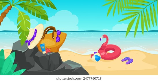 Beach scene with a hat, bag, and sunscreen on rocks, inflatable flamingo, and flip-flops in the sand, bright and colorful. Vector illustration