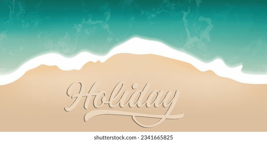 Escena de playa Escritura en afiche de vector de arena  