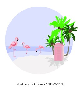 Strandlandschaft mit Strandhütte und Flamingos-Vektorillustration