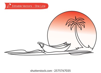 Beach scene icon. One continuous easy line of hand drawn beach, boat, island, coconut tree, full moon and full sun. Simple one line vector illustration of beautiful nature image of beach scene.