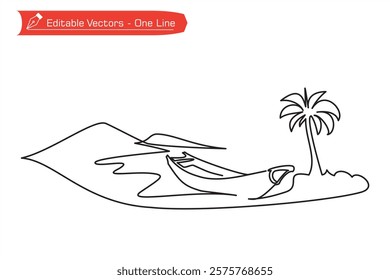 Beach scene icon. One continuous easy line of hand drawn mountains, beach, boat, coconut trees on island. Simple one line vector illustration of beautiful nature beach scene.