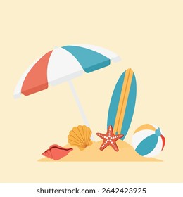 Ilustração da cena da praia com guarda-chuva colorido, prancha de surfe, bola, estrela-do-mar e conchas na areia. Vetor de férias de verão divertido para viagens, férias e projetos de design de praia tropical