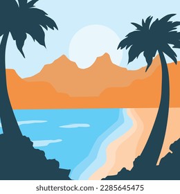 beach scene illustration design, with additional trees design elements