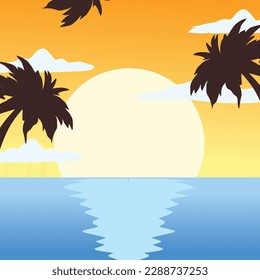 Beach scene illustration design, with sun, sea, and tree elements