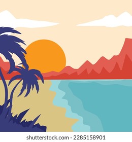 Beach scene illustration design, with views of trees, mountains, and the sun