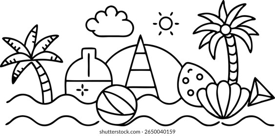 Beach scene illustration with summer vacation elements