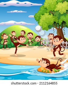 Beach scene with little monkeys doing different activities illustration