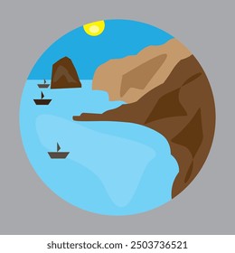 beach scene logo with cliffs and sun