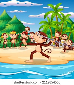 Beach scene with monkey playing javelin illustration