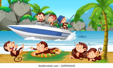 Beach scene with monkeys doing different activities illustration