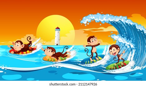 Beach scene with monkeys doing different activities illustration